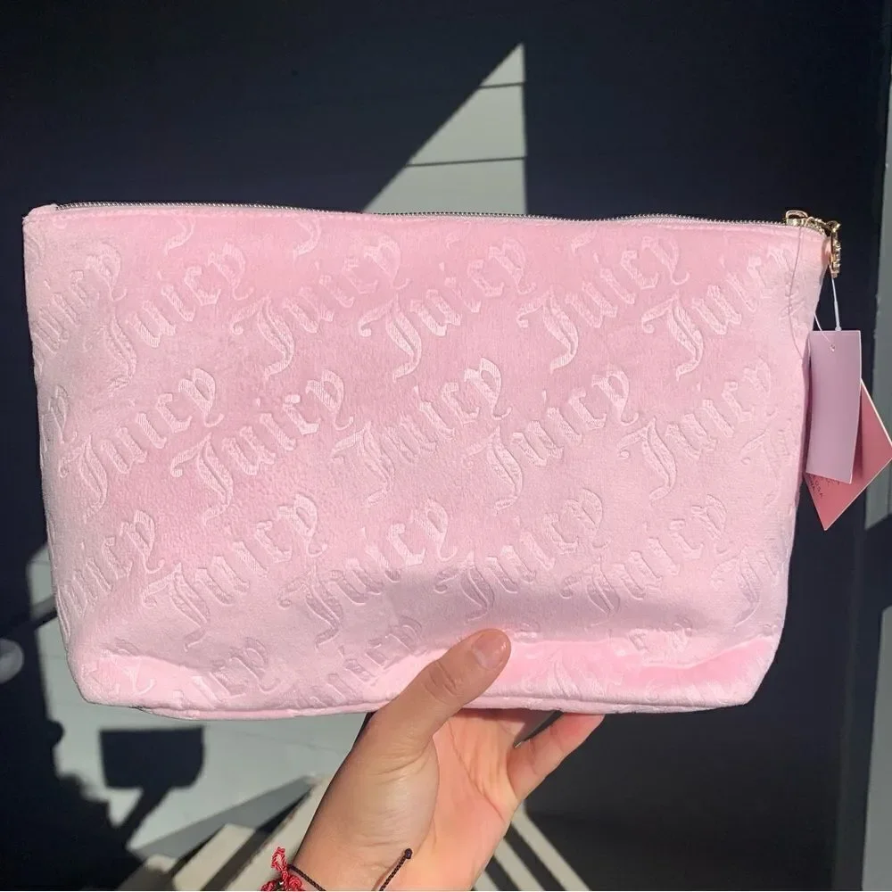 💕👑 RARE PLUSH VELOUR BABY PINK & GOLD JUICY COUTURE COSMETIC BAG 👑💕
